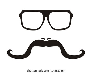 Vector men face with long mustache and huge, hipster glasses. Black american retro truck driver silhouette isolated on white background. 