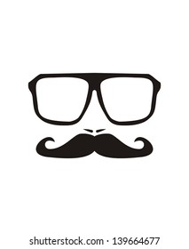 Vector men face with mustache and huge, hipster glasses. Black silhouette isolated on white background.