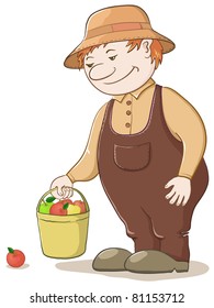 Vector, men gardener with a bucket of ripe delicious apples