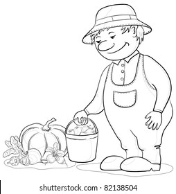Vector, men gardener with a crop of ripe vegetables, contours