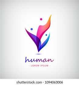 Vector men group logo, human, family, teamwork icon. Community, people sign, wavy dynamic style. Colorful, 3 person