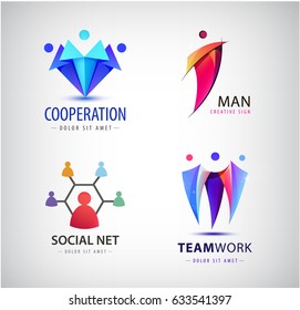 Vector men group logo, human, family, teamwork, social net, leader icon. Community, people sign in modern style. Colorful, 3 person