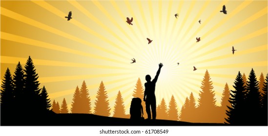 vector men in morning forest