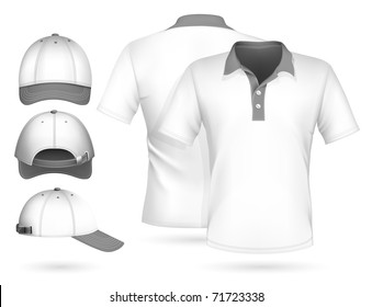  Vektorgrafik. Herren Poloshirt Design-Vorlage und Baseballkappe.