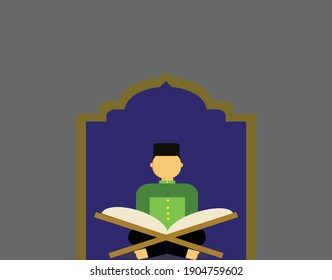 Un vector de hombres leyendo el Corán en mihrab durante el mes de Ramadán.