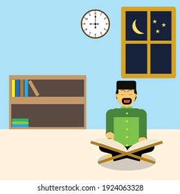 A vector of men reciting holy Quran at night.