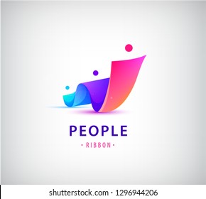 Vector men ribbon logo. 3 people, teamwork, family, social net, meeting icon. 3d multicolor shape, identity