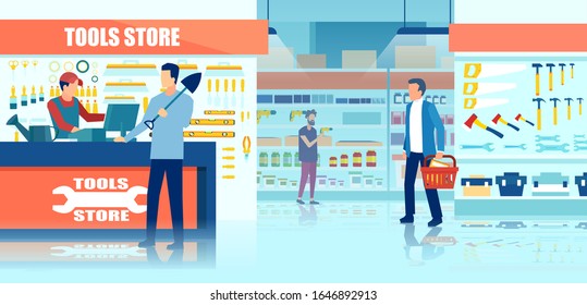 Vector of men shopping at tools hardware construction store 