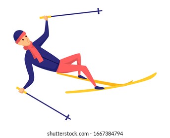 Vector men skier. Male skiing design element isolated on white background. Winter sportsman on ski resort. Winter sport activity. Skier fell from the skis