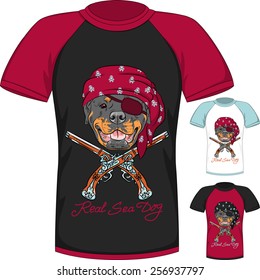 Vector Men T-shirt Design Template with Rottweiler dog pirate