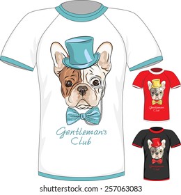 Vector Men T-shirt Design Template with hipster French Bulldog dog gentleman