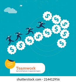 Vector men walking on arrow gear and dollar signs. Vector illustration Eps10 file. Global colors. Text and Texture in separate layers.