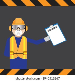 A vector of men wearing personal protective equipment at factory with SAFETY CHECKLIST on board.