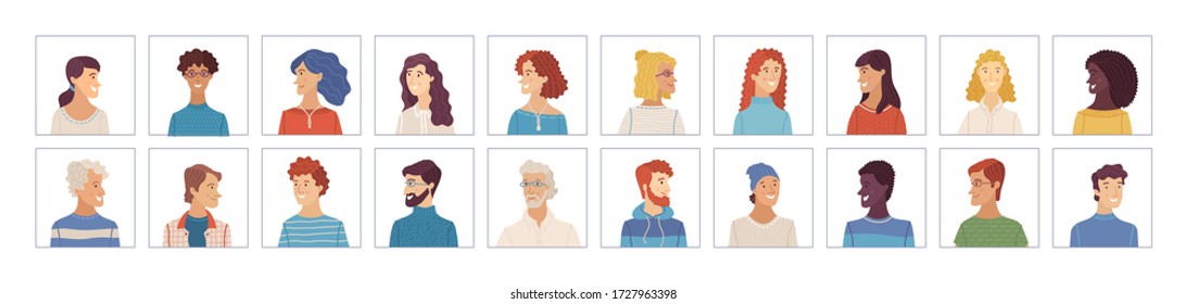 Vector men and woman portraits set. Flat face icons of diverse people. Avatars for account, game, or forum. European and Afro-American. Blonde, brunette, grey hair, young, aged