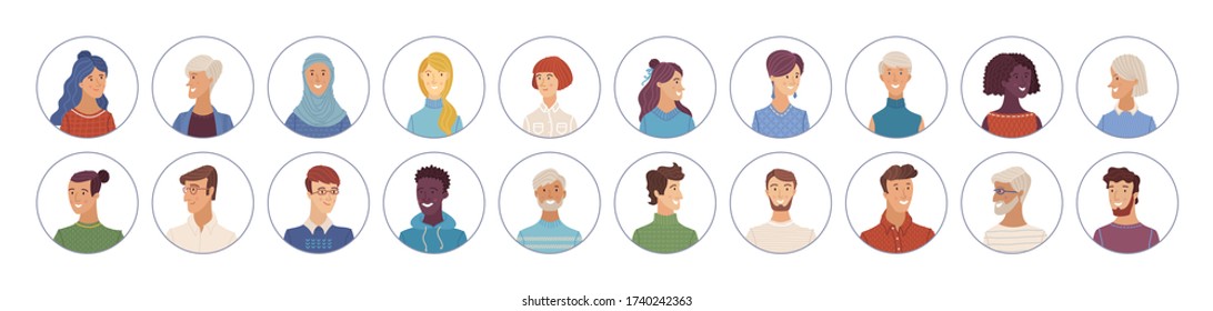 Retratos de hombres y mujeres vectores. Iconos planos de caras de personas diversas. Europeo y afroamericana. Rubia, morena, pelo gris, joven, envejecido. Avatares para cuenta, juego o foro