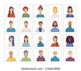 Vector men and woman portraits set. Flat face icons of various nationalities. European and Afro-American. Blonde, brunette, grey hair, young, aged. Avatars for account, game, or forum