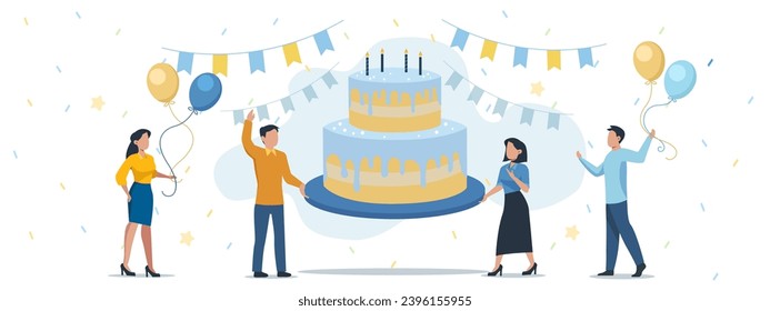 Vector of men and women with birthday cake and balloons celebrate. 