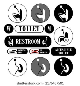 Vector men and women, disabled restroom sign set. Black silhouettes of people. Vector toilet icons set