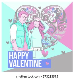Vector men and women happy family couple in love. Poster valentine greeting card. Happy family illustration for anniversary celebration.