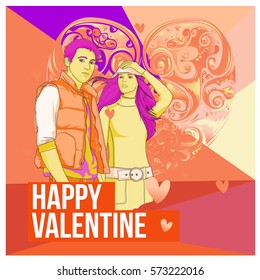 Vector men and women happy family couple in love. Poster valentine greeting card. Happy family illustration for anniversary celebration.