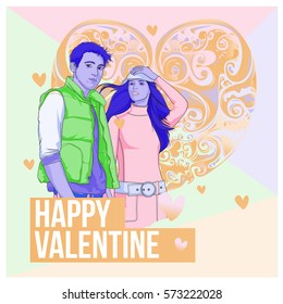 Vector men and women happy family couple in love. Poster valentine greeting card. Happy family illustration for anniversary celebration.