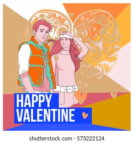 Vector men and women happy family couple in love. Poster valentine greeting card. Happy family illustration for anniversary celebration.