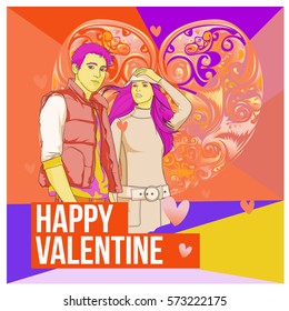 Vector men and women happy family couple in love. Poster valentine greeting card. Happy family illustration for anniversary celebration.