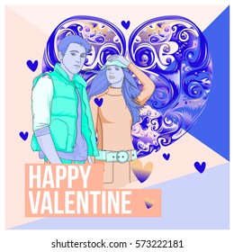 Vector men and women happy family couple in love. Poster valentine greeting card. Happy family illustration for anniversary celebration.