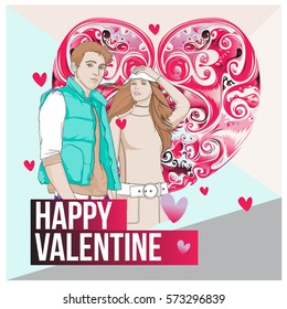 Vector men and women happy family couple in love. Poster valentine greeting card. Happy family illustration for anniversary celebration.