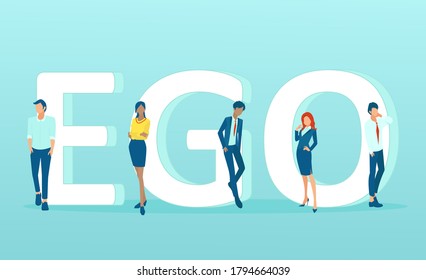 Vector of men and women standing by the word ego on blue background 