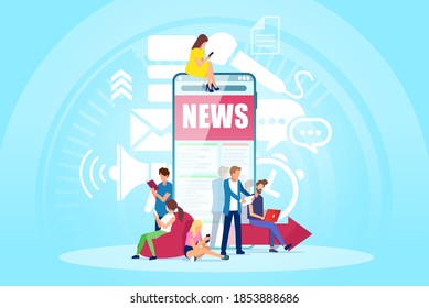 Vector of men and women are standing near a big smartphone using mobile phones and gadgets to read latest news. 