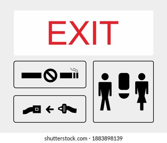 Vector Men and Women toilet icon gender, aircraft lavatory sign,no smoking sign, seat belt wear sign and exit sign,lavatory gender icon,toilet sign at aircraft