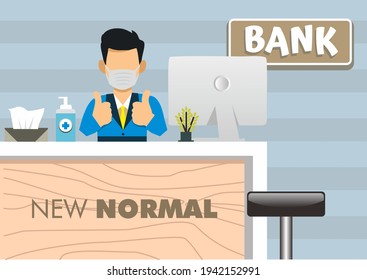 vector men working in banks in times of pandemic with new habits but still productive. This vector is great for posters, banners, backgrounds and all the information about the coronavirus