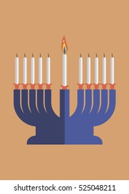 Vector menorah for Hanukkah on the brown background  .  Hanukkah background with menorah (traditional candelabra) and burning candles.Jewish holiday elegant greeting card template with menorah.
