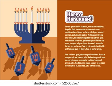 Vector menorah for Hanukkah on the orange background .Hanukkah background with menorah (traditional candelabra) and burning candles.Jewish holiday elegant illustration with menorah. Hannnukah dreidel