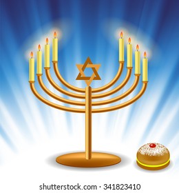 Vector Menorah and Red Jelly Donat for Hanukkah on Blue Wave Background