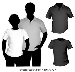 Vector. Men's black and white t-shirt and polo shirt template with human body silhouette.