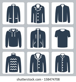 Vector Men's Clothes Icons Set: Puffer Jacket, Coat, Windbreaker, Hoodie, Jogging Jacket, T-shirt, Sweater, Suit Jacket, Shirt