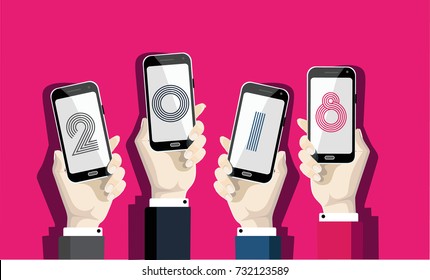 Vector Men's four hands holding smartphone The screen is number 2018