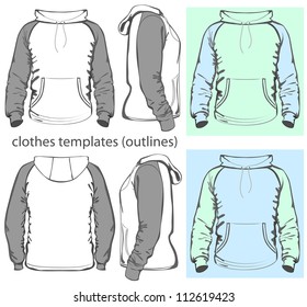 Vector. Men's hooded sweatshirt with pocket (back, front and side views). Raglan sleeve. Outlines