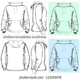 Vector. Men's hooded sweatshirt with pocket (back, front and side views). Outlines