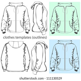 Vector. Men's hooded sweatshirt with zipper and pockets (back, front and side view). Outlines