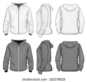 Vector. Men's hooded sweat-shirt with zipper (back, front and side view). Black and white variants.