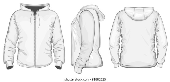 Vector. Men's hooded sweatshirt with zipper (back, front and side view)