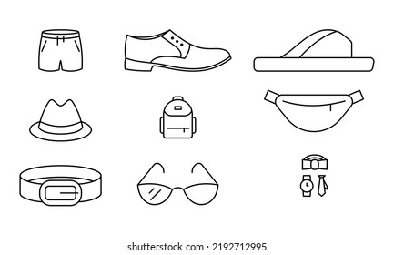 Vector mens personal accessories icon.... EPS 10.. Watch, tie and bow tie signs. Man accessories... Isolated on white.. Simple men clothes symbols.. Illustrations set for any purpose dev, app, web.