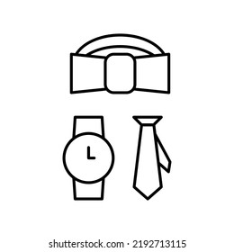 Vector mens personal accessories icon.... EPS 10.. Watch, tie and bow tie signs. Man accessories... Isolated on white.. Simple men things symbols... Illustrations set for any purpose dev, app, web.