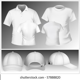 Vector. Men's polo shirt and t-shirt design template and baseball cap.