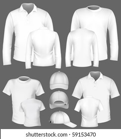 Vector. Men's polo shirt and t-shirt design template and baseball cap.