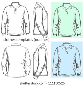 Vector. Men's polo-shirt design template (front, back and side view). Long sleeve. outline