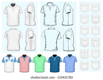 Vector. Men's polo-shirt design template (front, back and side view). No mesh. Different variants: outlines, detailed  and color. Collections of pockets.